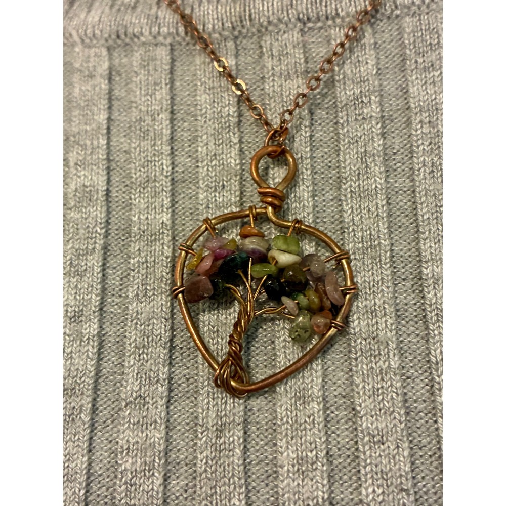 Tree of Life Necklace Copper Tons Wire Wrapped Heart Pendant Multi Stone Boho